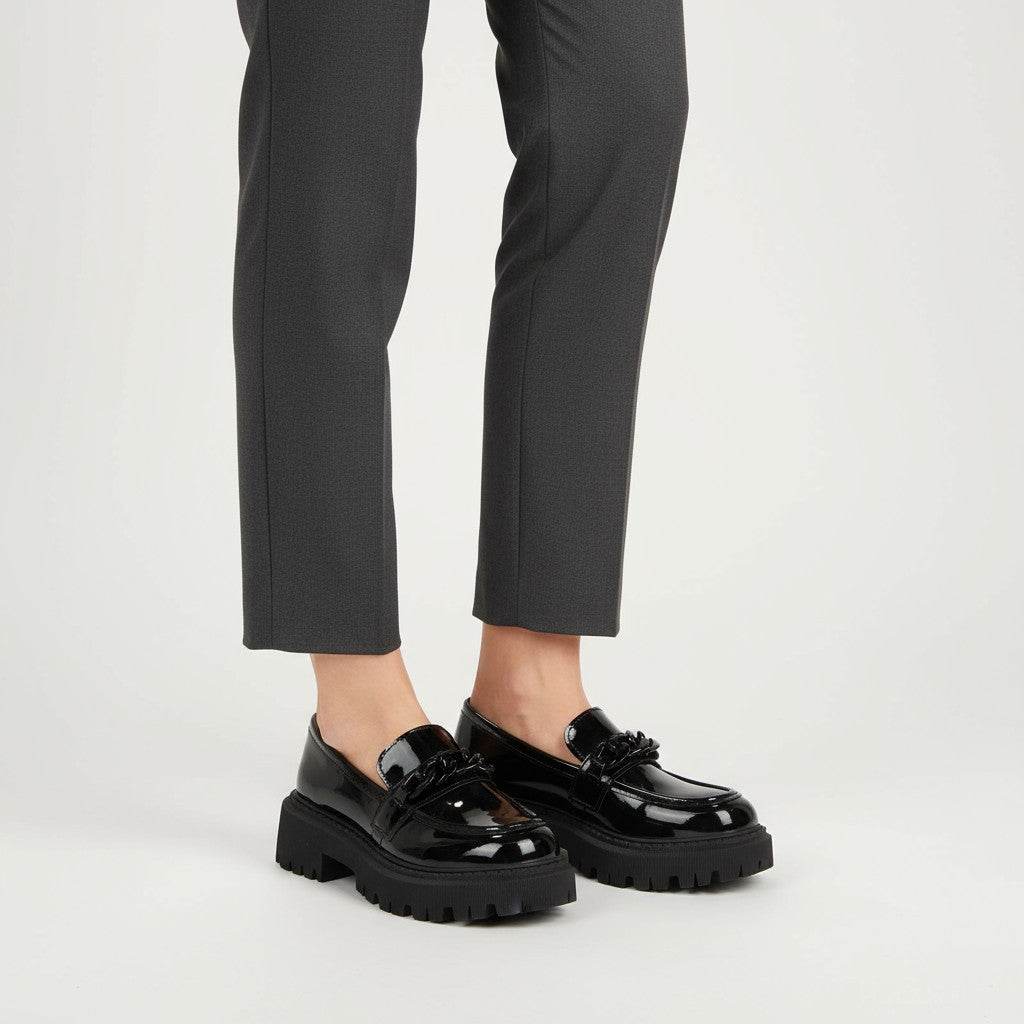 Polished Black Patent Wedge Loafers with Chain Detail