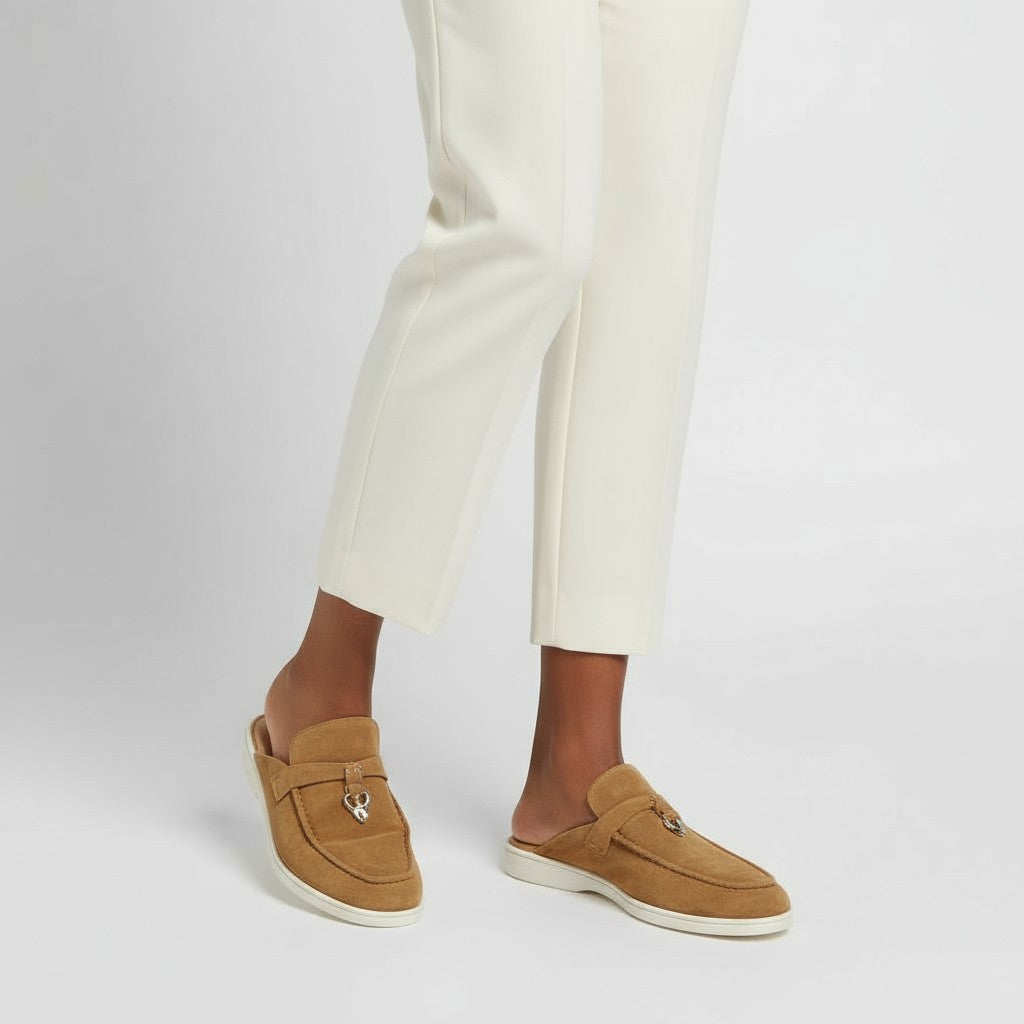 Refined Suede Mule Loafers with Metallic Detail