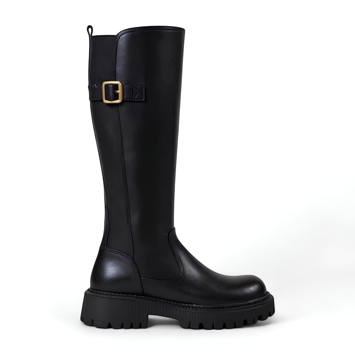 Refined Black Riding Boots with Strap Detail