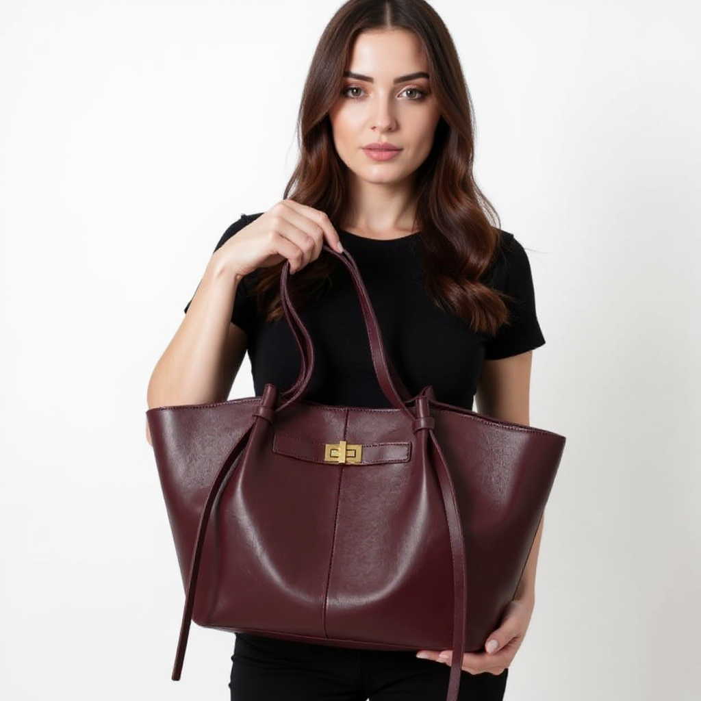 Polished Structured Leather Bag in Cognac