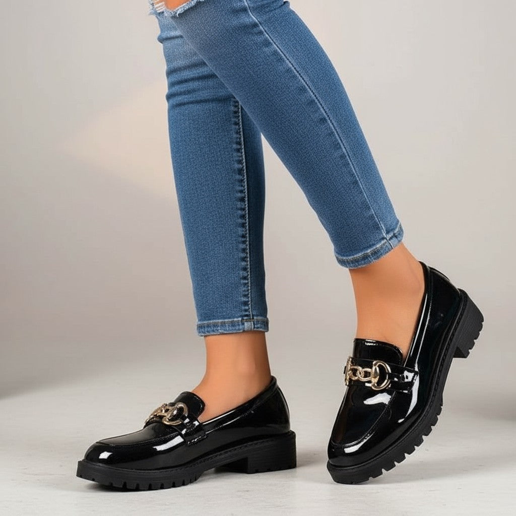 Statement Iolanthe Patent Leather Loafers with Gold Chain