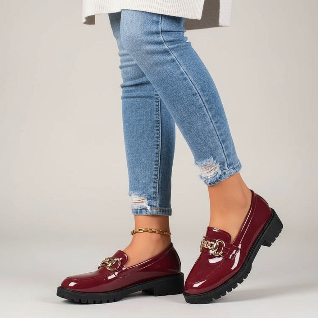 Statement Iolanthe Patent Leather Loafers with Gold Chain