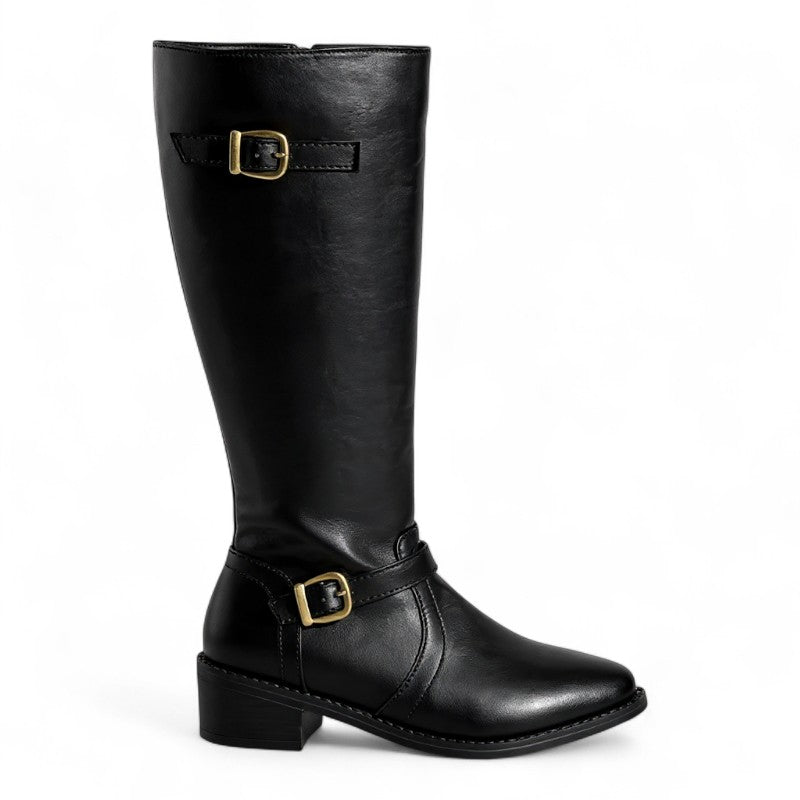 Polished Riding Boots with Gold Buckles