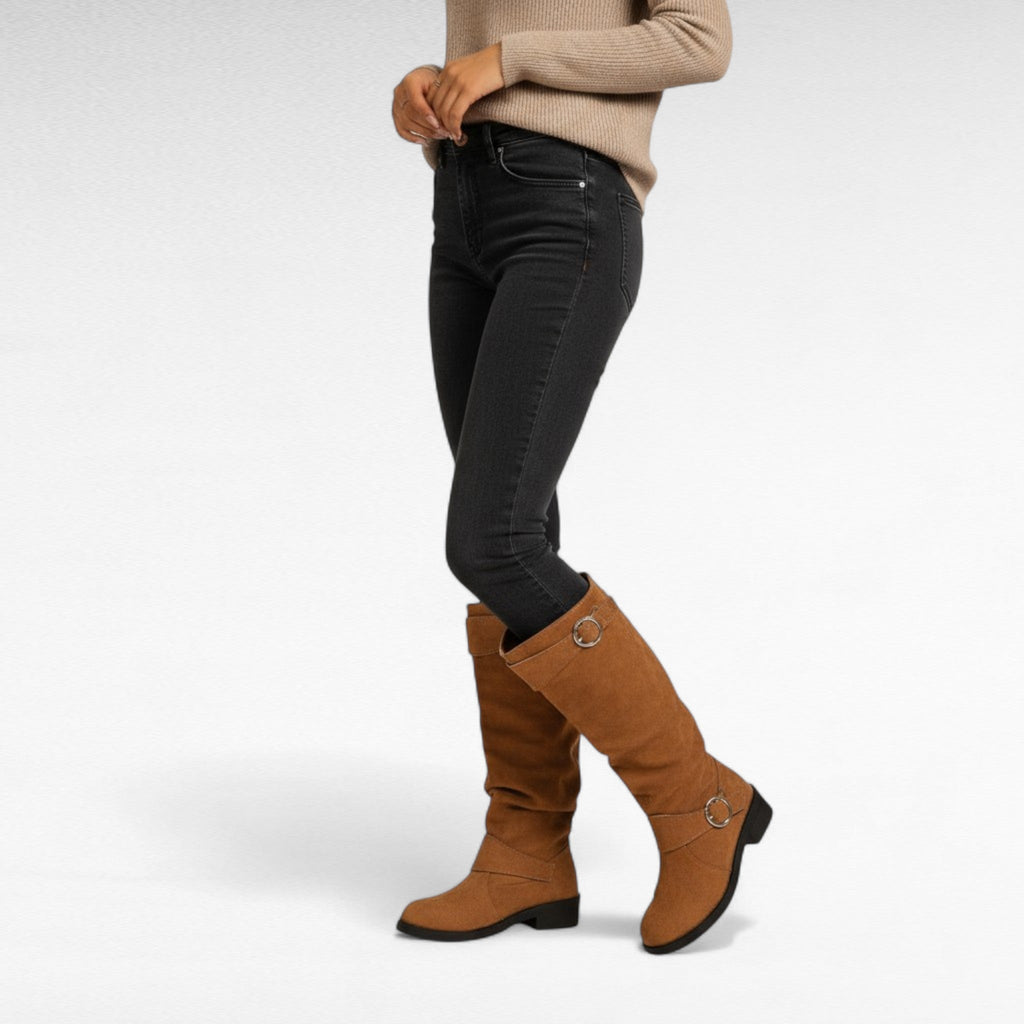 Refined Umeko Ruched Suede Boots with Buckle