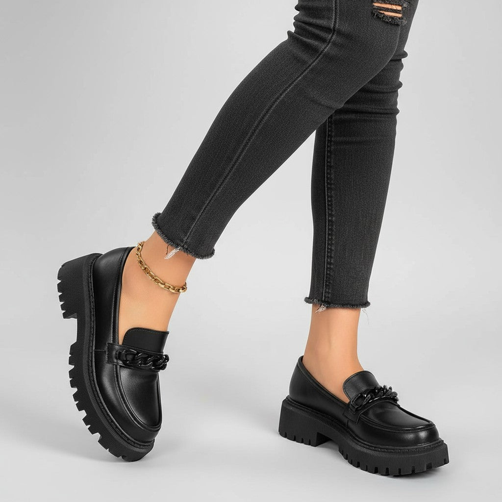 Understated Matte Black Wedge Loafers with Chain Detail