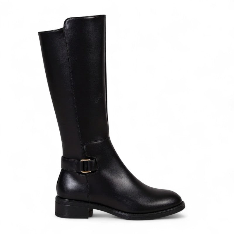 Polished Black Riding Boots with Buckle Accent
