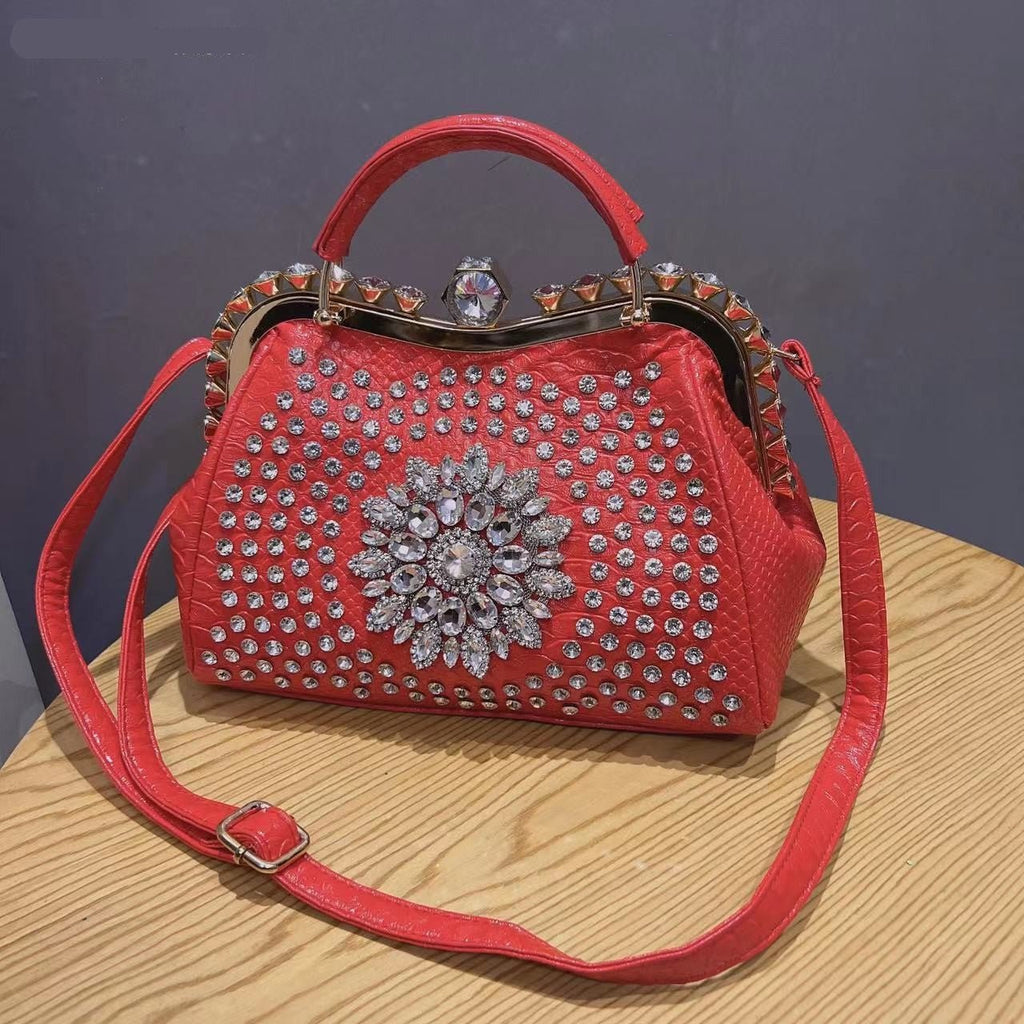 Diamond-Embellished Genuine Leather Messenger Bag