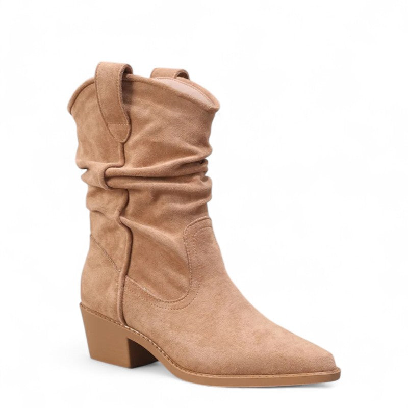 Free-Spirited Crinkled Suede Western Ankle Boots