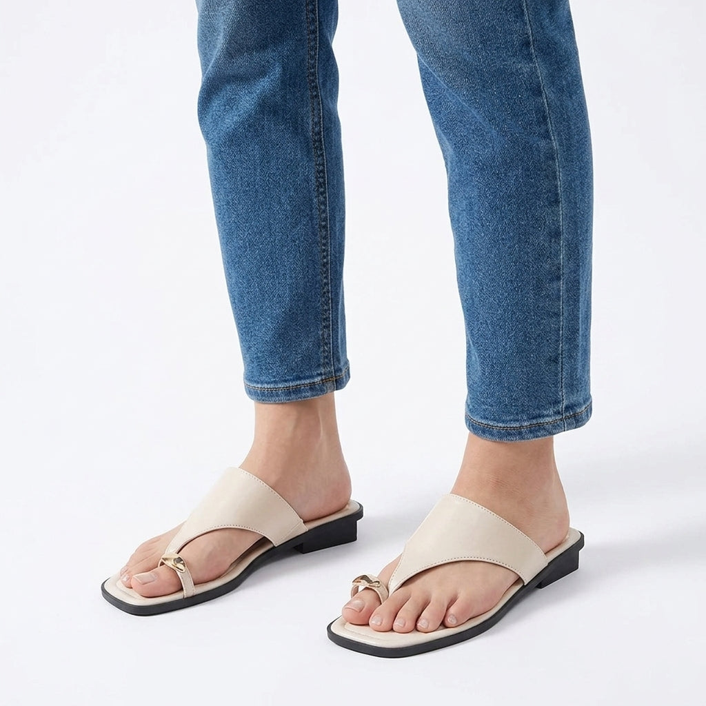 Polished Tessaly Square-Toe Leather Thong Sandals