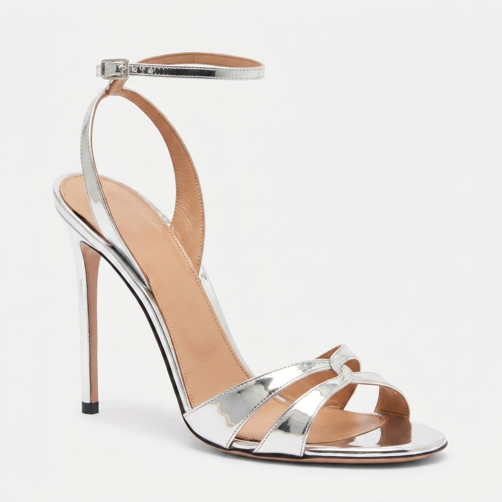 Signature Silver Stiletto Ankle-Strap Sandals