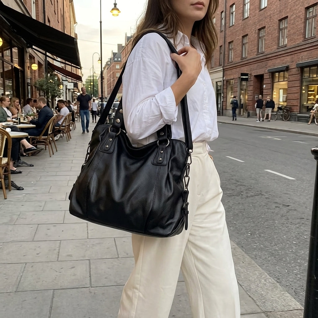 The Everyday Marisol Grained Leather Shoulder Bag in Black