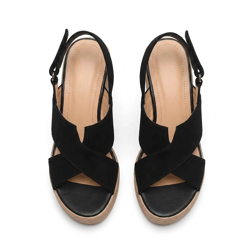 Polished Crossed-Strap Block-Heel Wedges