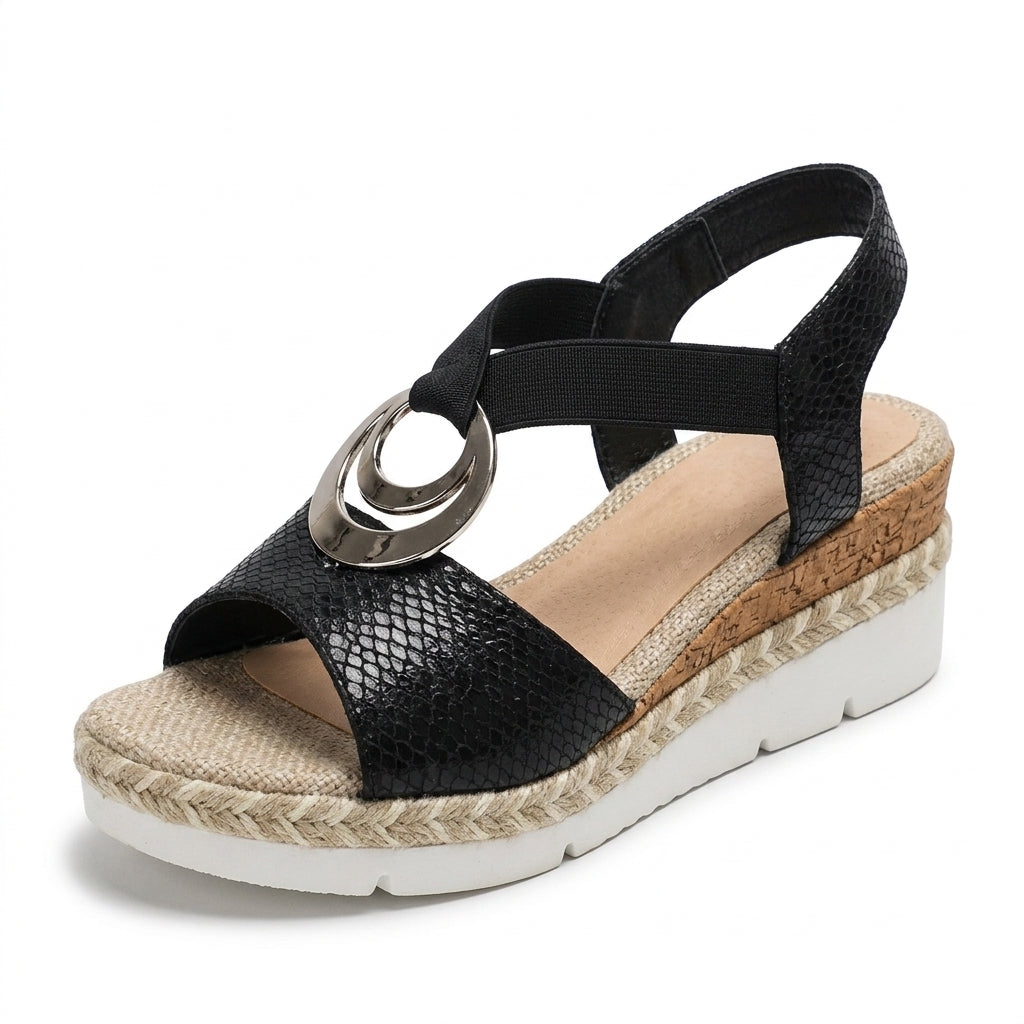Polished Metal-Buckle Espadrille Wedges