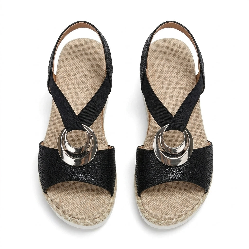 Polished Metal-Buckle Espadrille Wedges