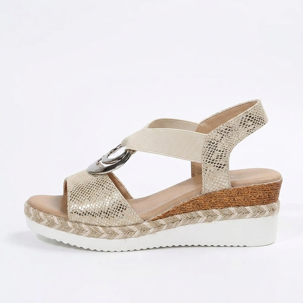 Polished Metal-Buckle Espadrille Wedges