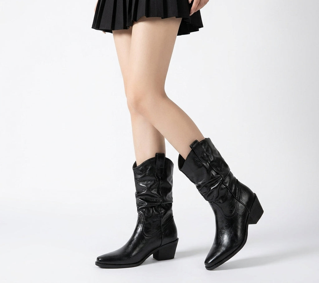 Polished Glossy Leather Western Ankle Boots