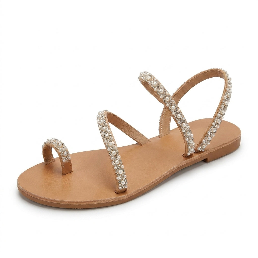 Summer-Ready Pearl-Embellished Flat Sandals