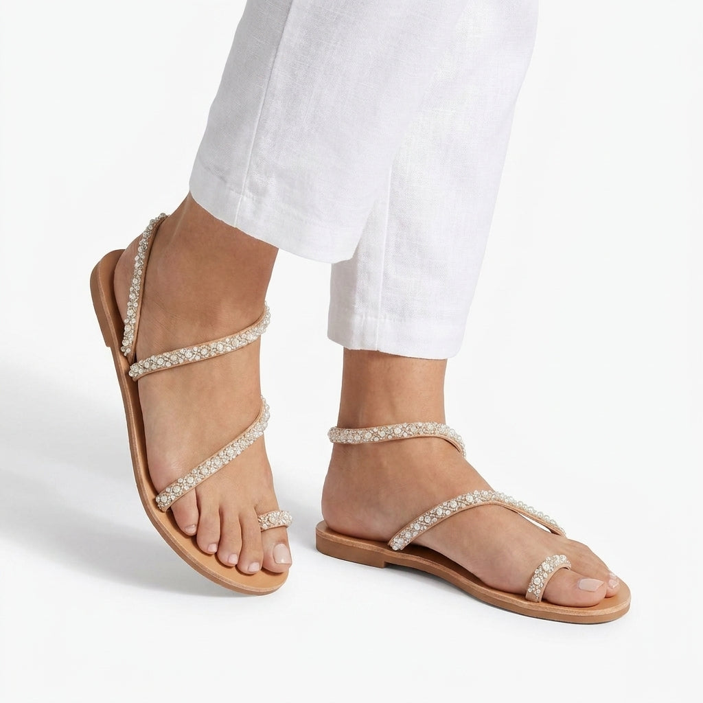 Summer-Ready Pearl-Embellished Flat Sandals