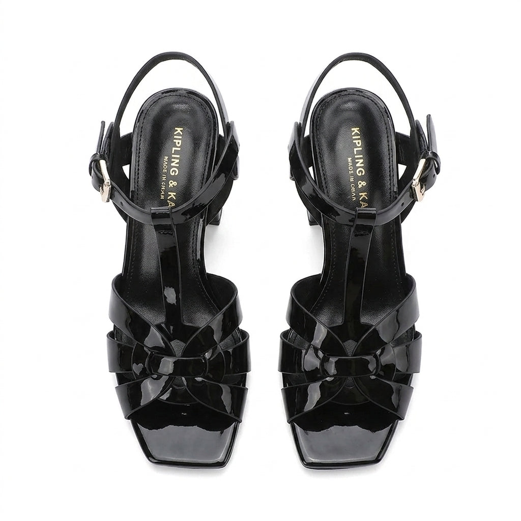 Polished Patent Leather Square-Heel Sandals