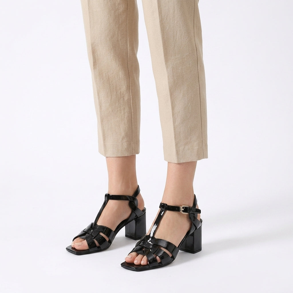 Polished Patent Leather Square-Heel Sandals