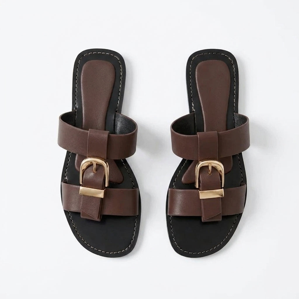 Polished Gold-Buckle Wide-Strap Sandals