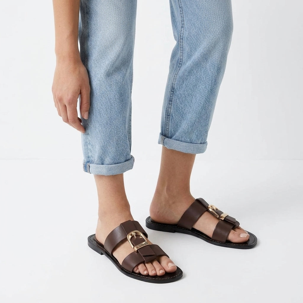 Polished Gold-Buckle Wide-Strap Sandals