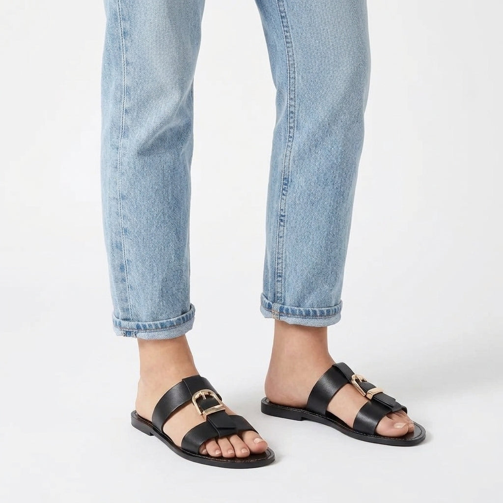 Polished Gold-Buckle Wide-Strap Sandals