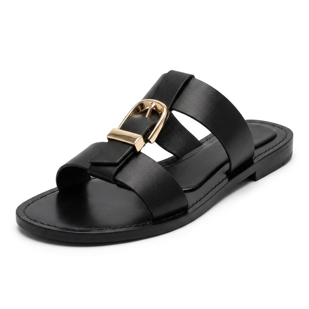 Polished Gold-Buckle Wide-Strap Sandals