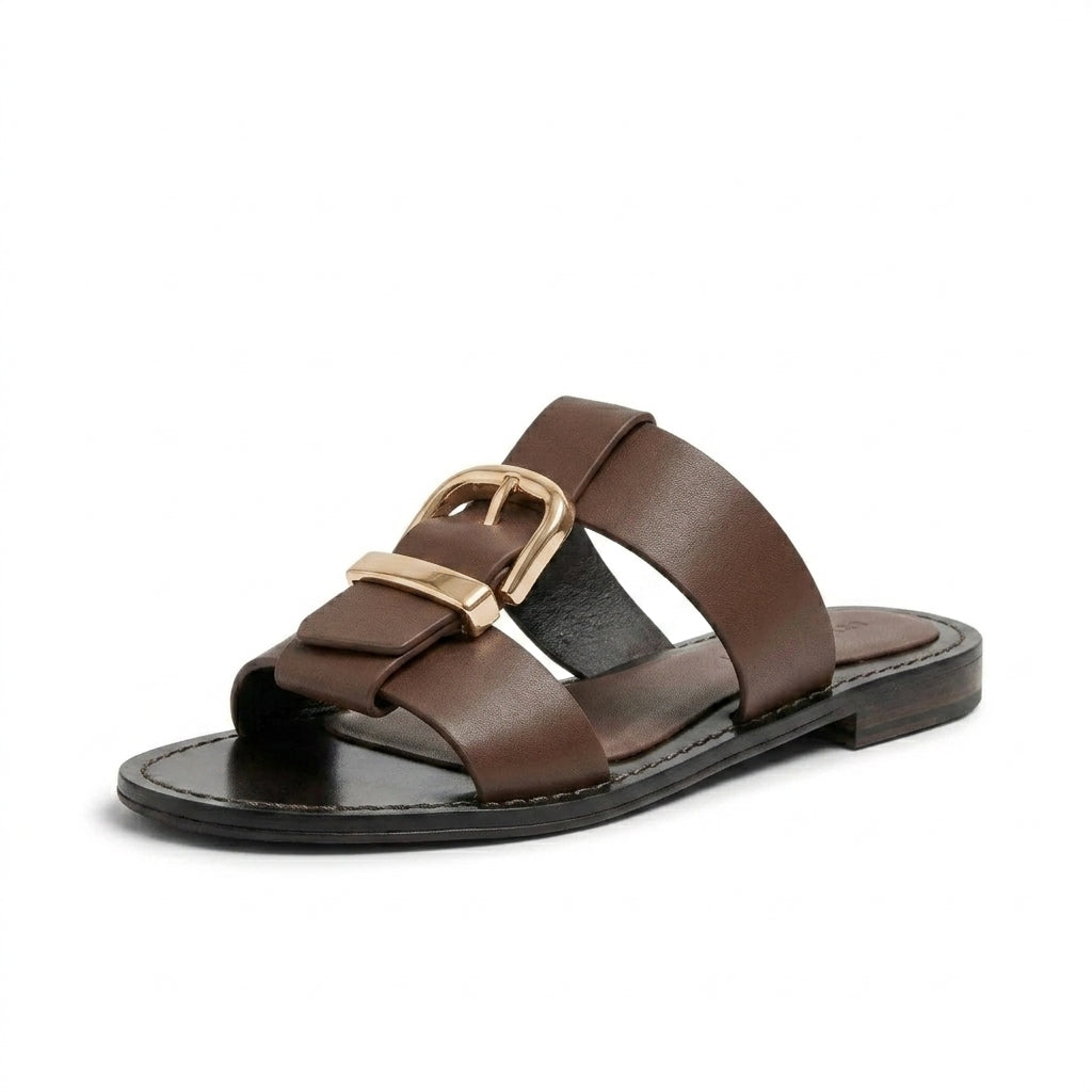 Polished Gold-Buckle Wide-Strap Sandals