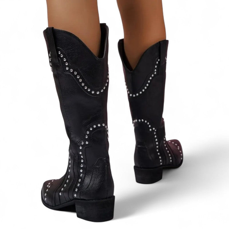 Bold Studded Vintage Mid-Calf Western Boots