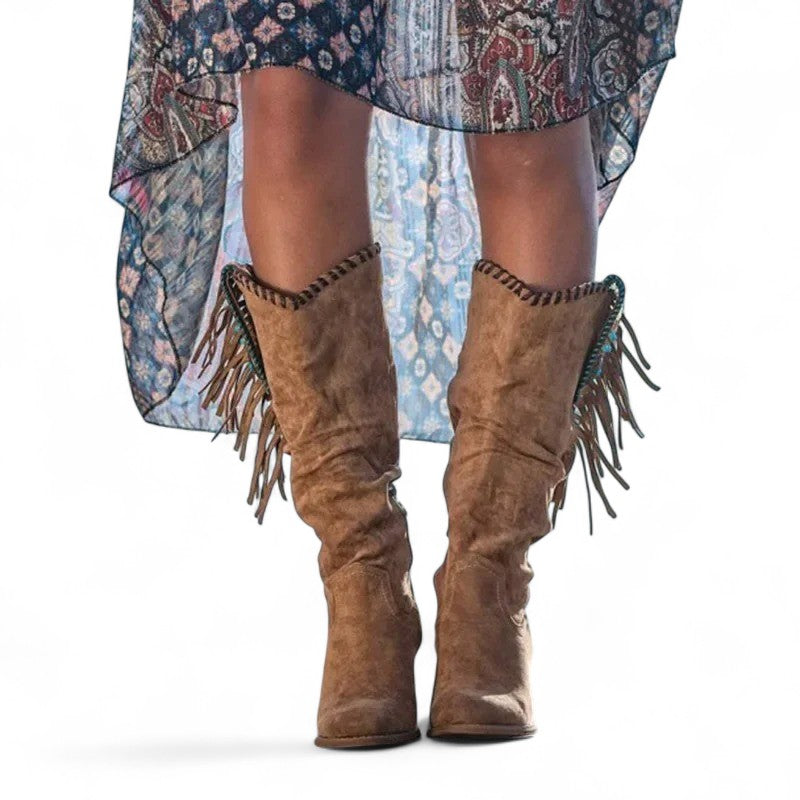 Free-Spirited Fringed Fabric Western Boots