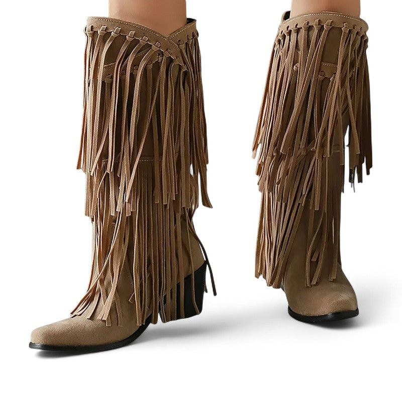 Rodeo-Ready Fringed Mid-Calf Western Boots