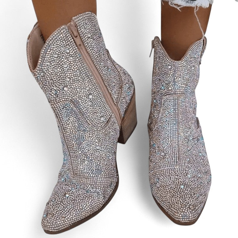 Statement Sequined Heeled Western Ankle Boots