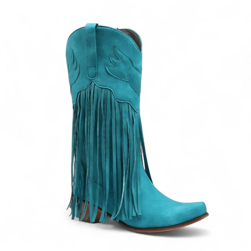 Rodeo-Ready Long-Fringe Suede Mid-Calf Western Boots