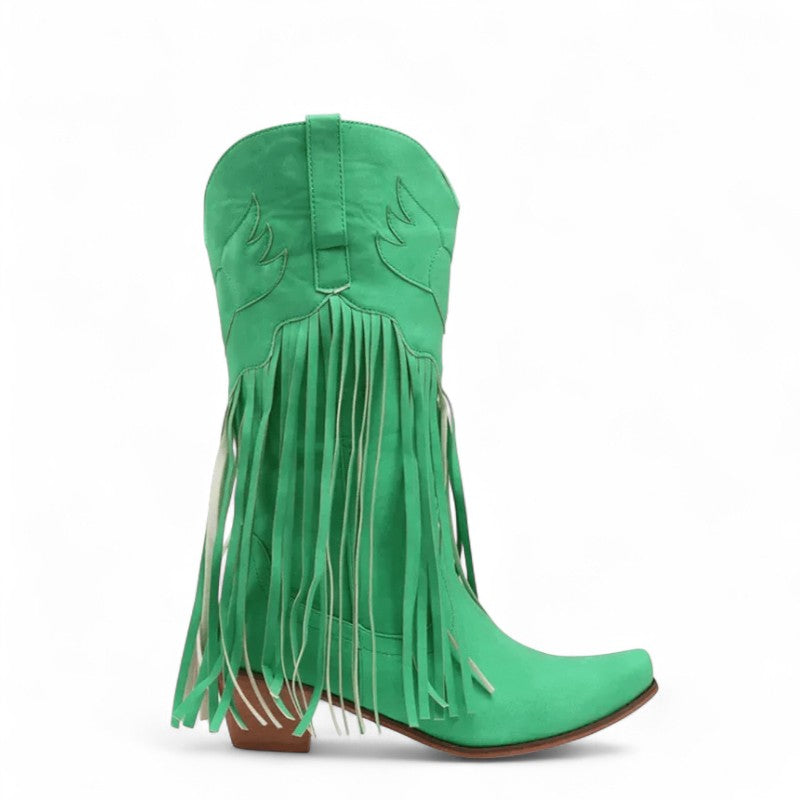 Rodeo-Ready Long-Fringe Suede Mid-Calf Western Boots