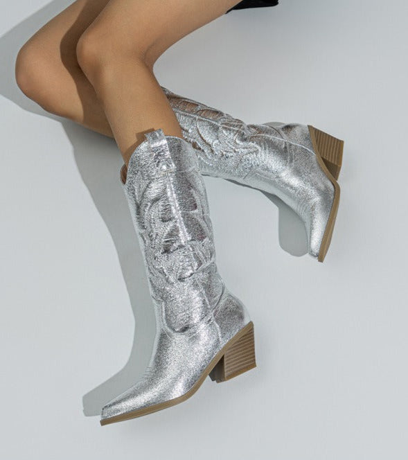 Polished Sequined Mid-Calf Western Boots