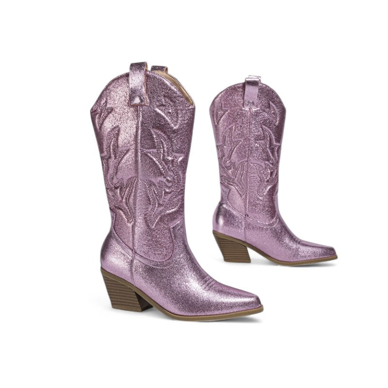 Polished Sequined Mid-Calf Western Boots