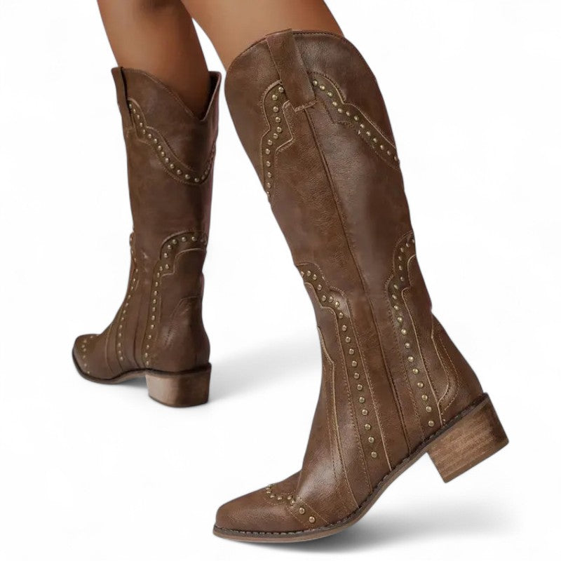 Bold Studded Vintage Mid-Calf Western Boots