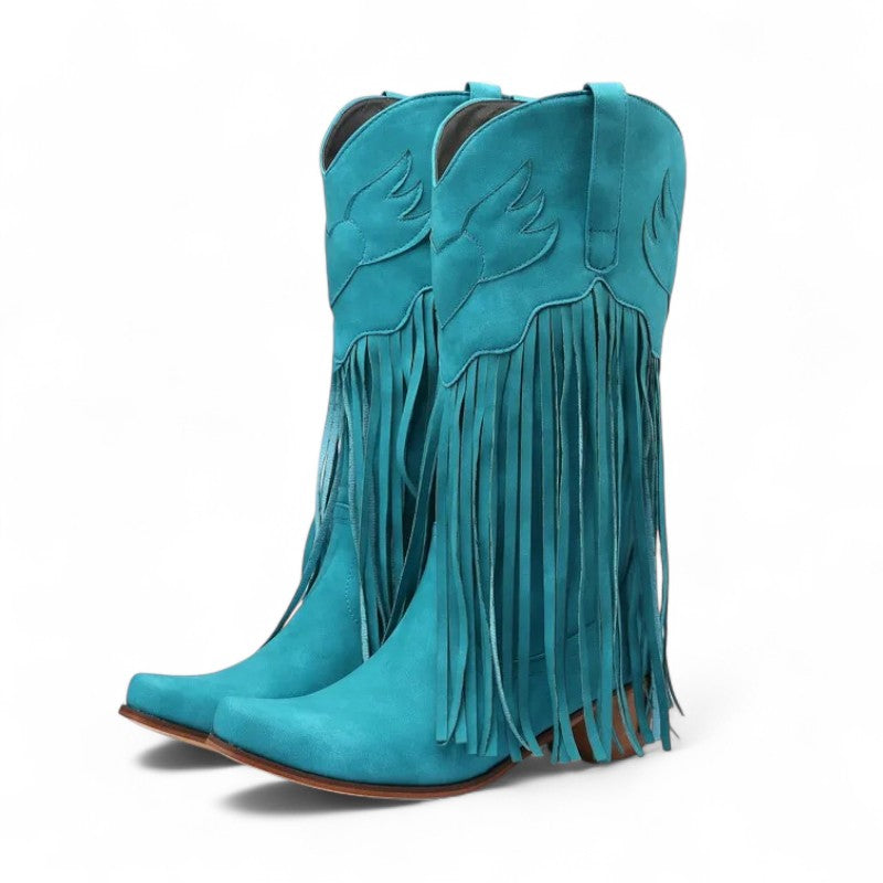 Rodeo-Ready Long-Fringe Suede Mid-Calf Western Boots