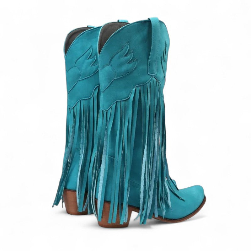 Rodeo-Ready Long-Fringe Suede Mid-Calf Western Boots