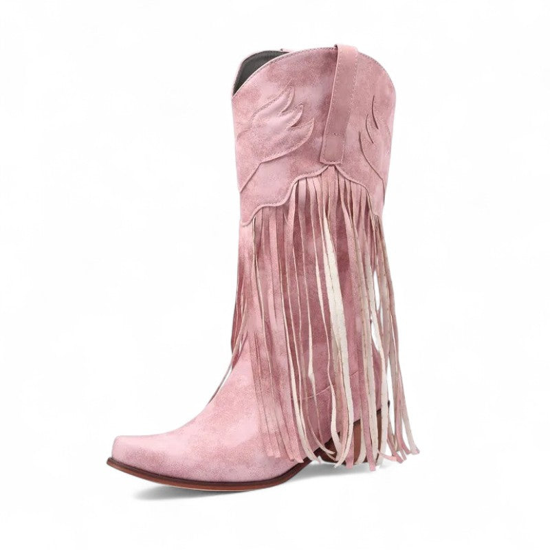 Rodeo-Ready Long-Fringe Suede Mid-Calf Western Boots