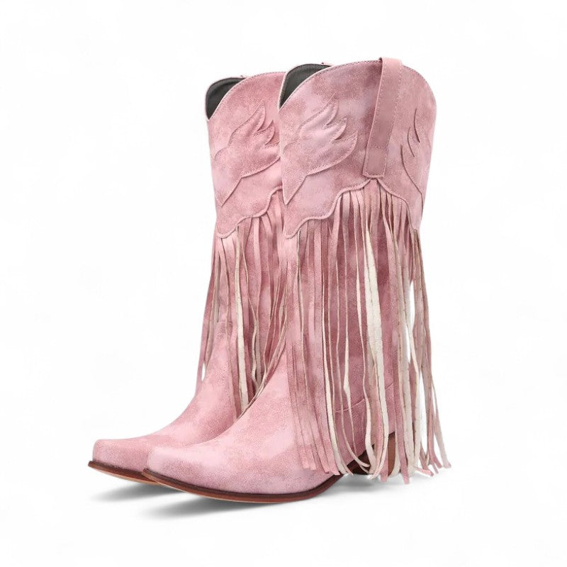 Rodeo-Ready Long-Fringe Suede Mid-Calf Western Boots