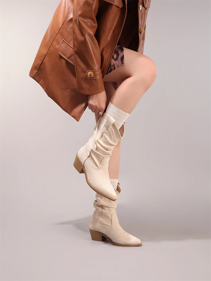 Free-Spirited Crinkled Suede Western Ankle Boots