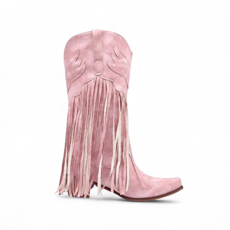 Rodeo-Ready Long-Fringe Suede Mid-Calf Western Boots