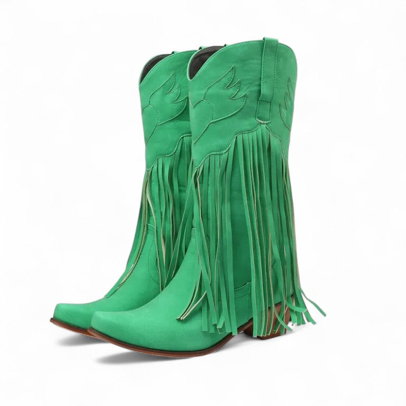 Rodeo-Ready Long-Fringe Suede Mid-Calf Western Boots