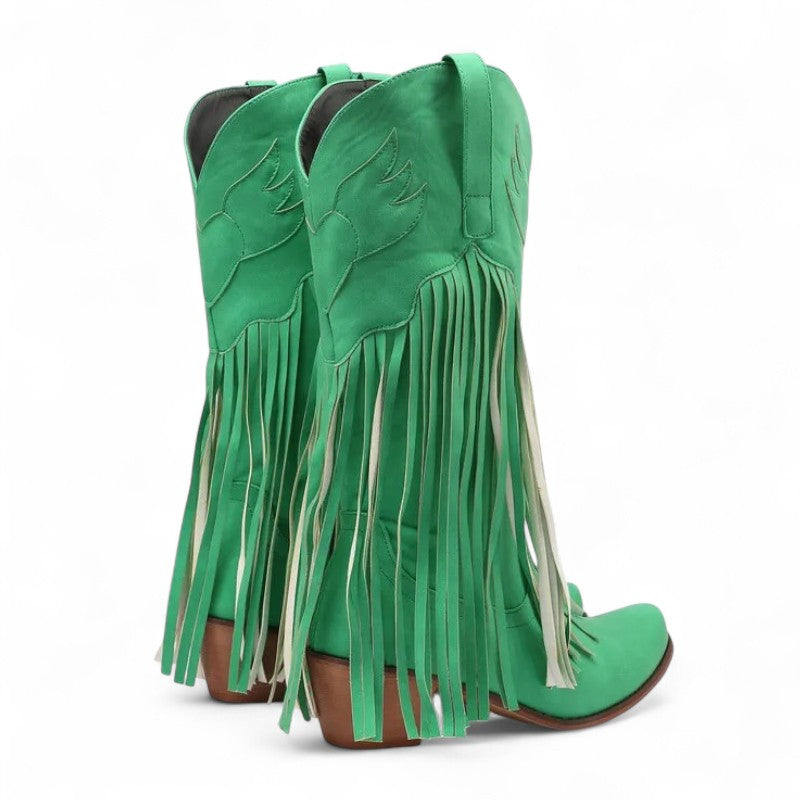 Rodeo-Ready Long-Fringe Suede Mid-Calf Western Boots