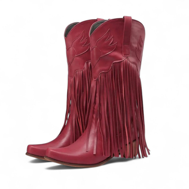 Rodeo-Ready Long-Fringe Suede Mid-Calf Western Boots