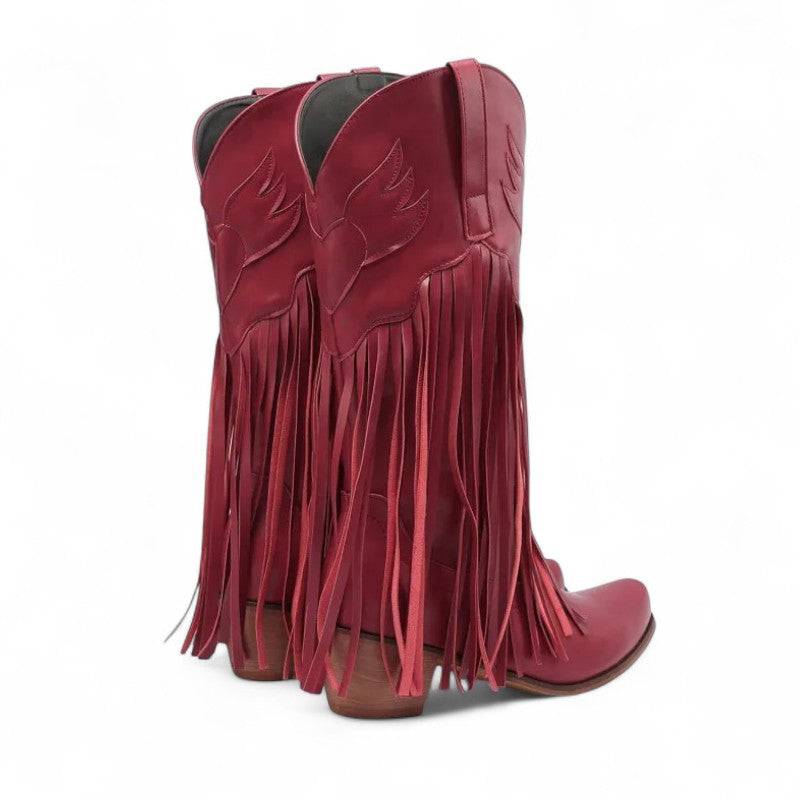 Rodeo-Ready Long-Fringe Suede Mid-Calf Western Boots