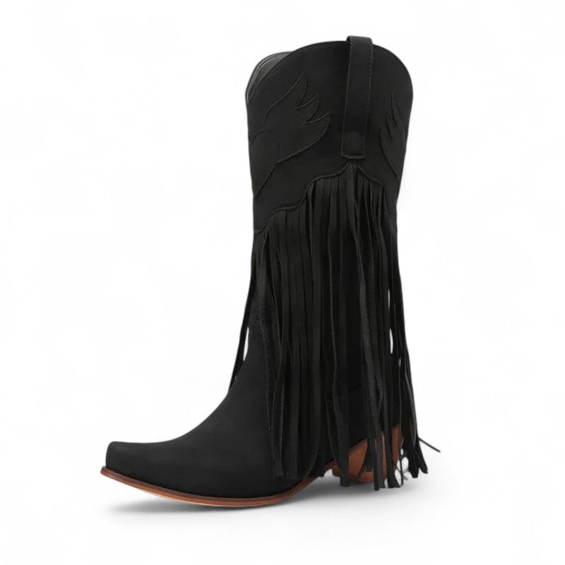 Rodeo-Ready Long-Fringe Suede Mid-Calf Western Boots