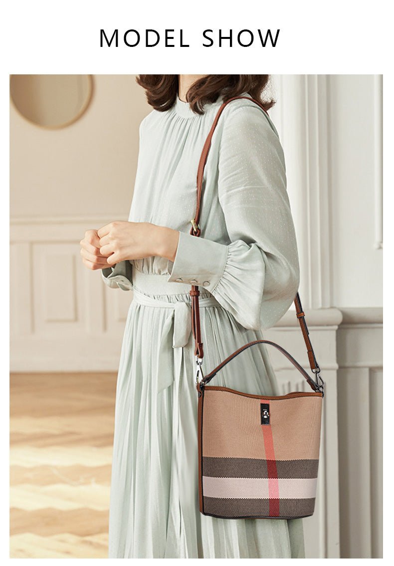 Genuine Leather Bucket Bag with Plaid Detail